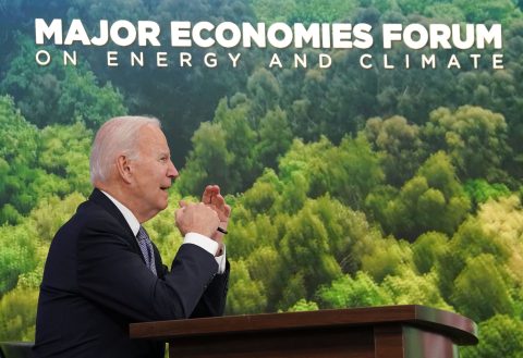 Jor Biden gives a speech at the Major Economies Forum where he pledged $1 billion in funding for the Green Climate Fund.