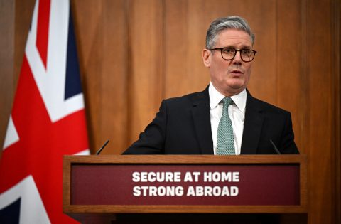 Prime Minister Keir Starmer delivers a statement on Defence spending at Downing Street on February 25, 2025 in London, England. UK aid budget cuts threaten climate finance pledges