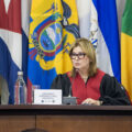 Judge Nancy Hernandez reads the advisory opinion of the Interamerican Court of Human Rights on climate change, during a public hearing at the court's headquarters in Costa Rica.
