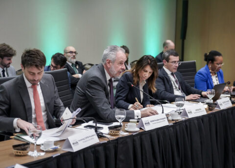The Brazilian COP30 team, including COP president André Correa do Lago speaking to the microphone, during ministerial consultations held at the pre-COP30 in Brasilia.