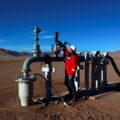 An employee checks a brine pumping station at Eramet's lithium production plant at Salar Centenario in Salta, Argentina