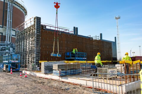 Construction gets underway on Belgium's first green hydrogen plant "Hyoffwind" at a shipyard in Zeebrugge, Belgium,
