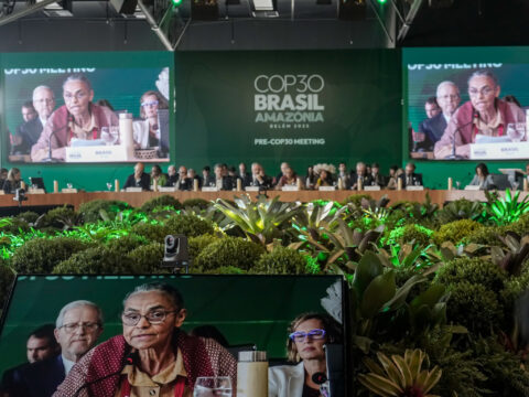 Brazil's Environment Minister Marina Silva speaks at the pre-COP opening ceremony in Brasília