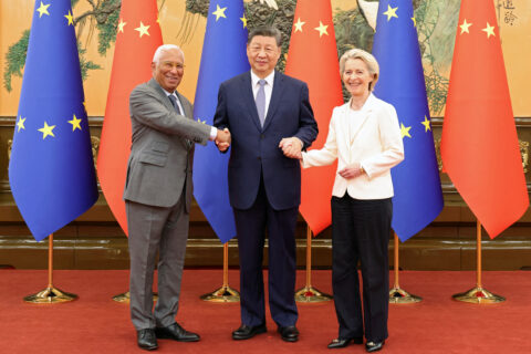 Chinese President Xi Jinping shakes hands with European Council President Antonio Costa and European Commission President Ursula von der Leyen at the Great Hall of the People in Beijing, China