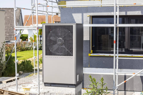 A heat pump is shown in the garden of a new building at a construction site in Heilbronn, Baden Württemberg, Germany