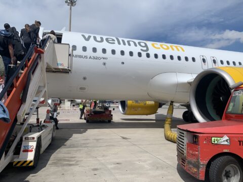 Passengers board a flight at Barcelona airport bound for Alicante in Spain