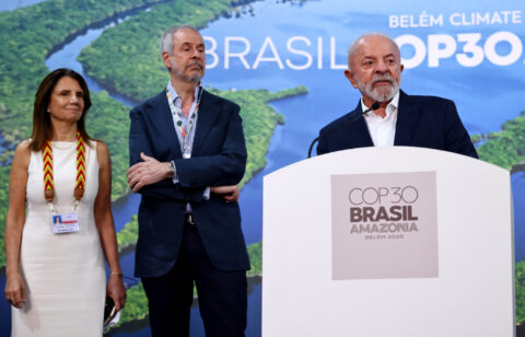 Brazilian President Lula da Silva, speaks next to the COP30 President and COP 30 CEO during the 30th Conference of the Parties (COP30) in Belem, Brazil on November 19, 2025.