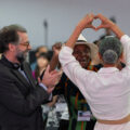Brazil's Environment Minister Marina Silva reacts to a standing ovation after her closing speech to the COP30 UN climate summit on November 22, 2025 in Belem, Brazil