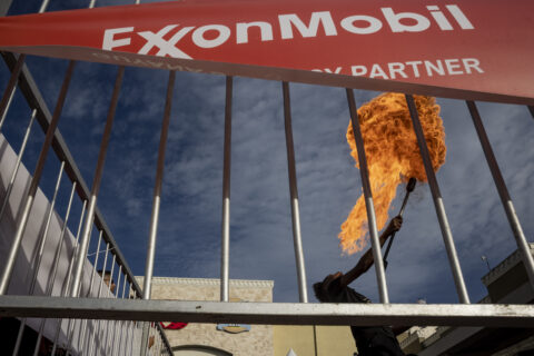 Fire-breathers perform at an Exxon Mobil event at the Amazonia Shopping Mall in Georgetown, Guyana. (CREDIT: Victor Moriyama)